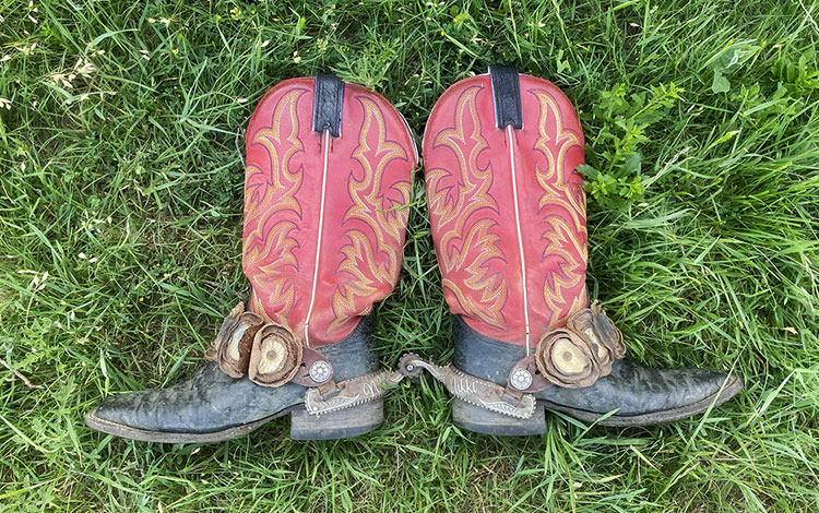 Black ostrich boots with red tops with spurs lying on the grass.